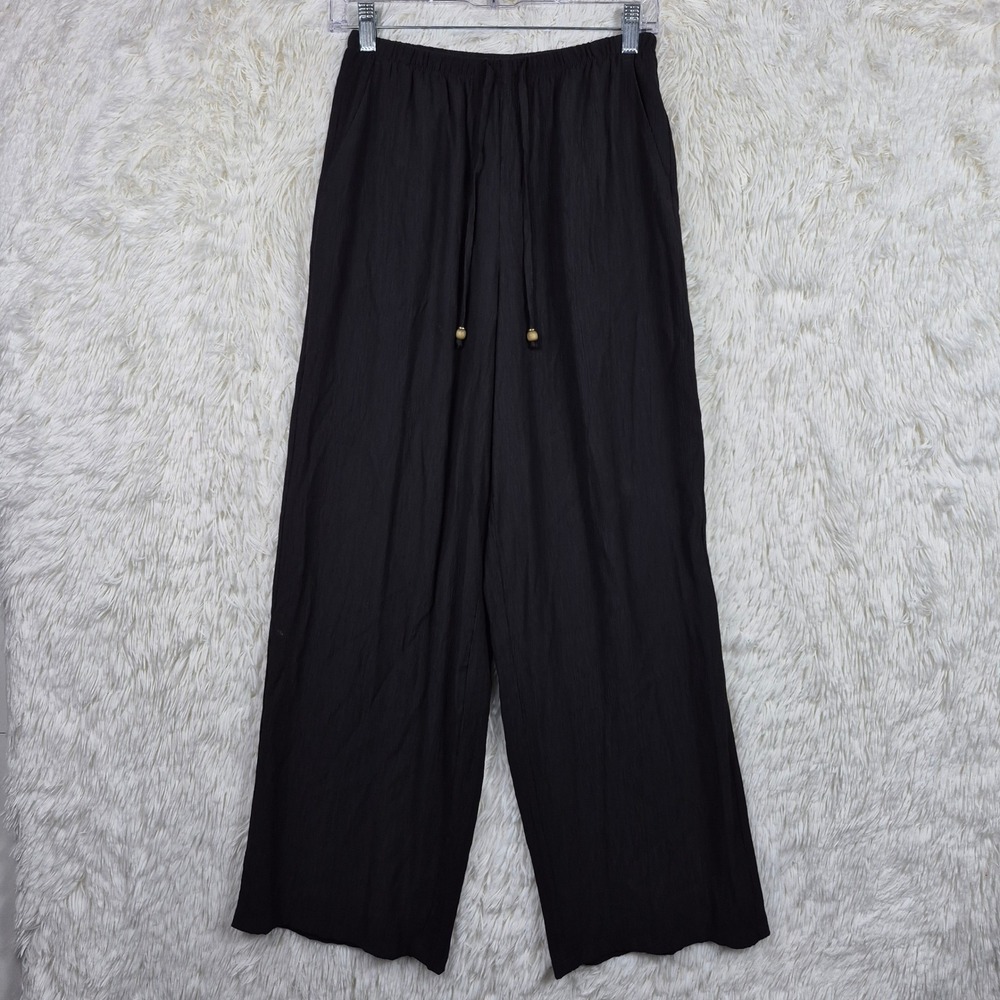 Zara Black Crinkle Textured High Rise Wide Leg Drawstring Pants XS Boho Coastal
